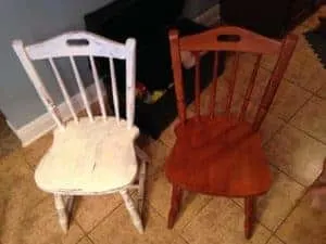 Vintage Kitchenette makeover with chalk painted chair vs. not chalk painted chair