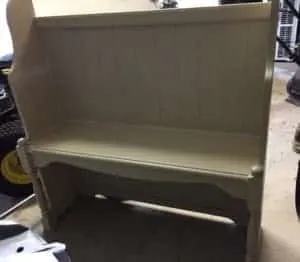 computer hutch repurposed to bench 