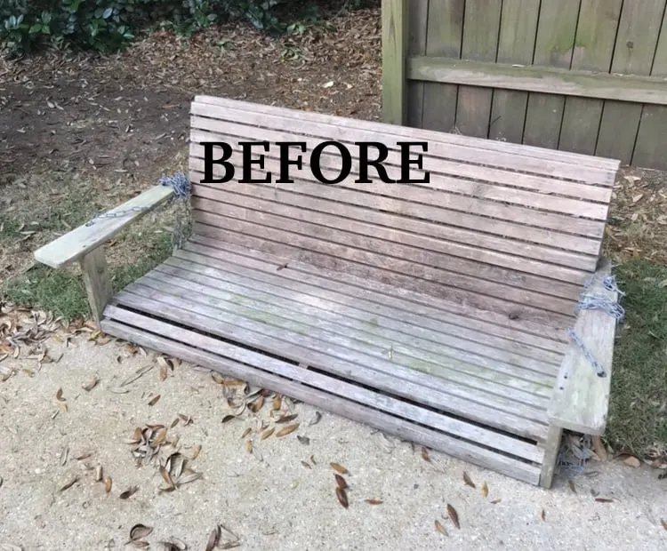 wood porch swing before makeover