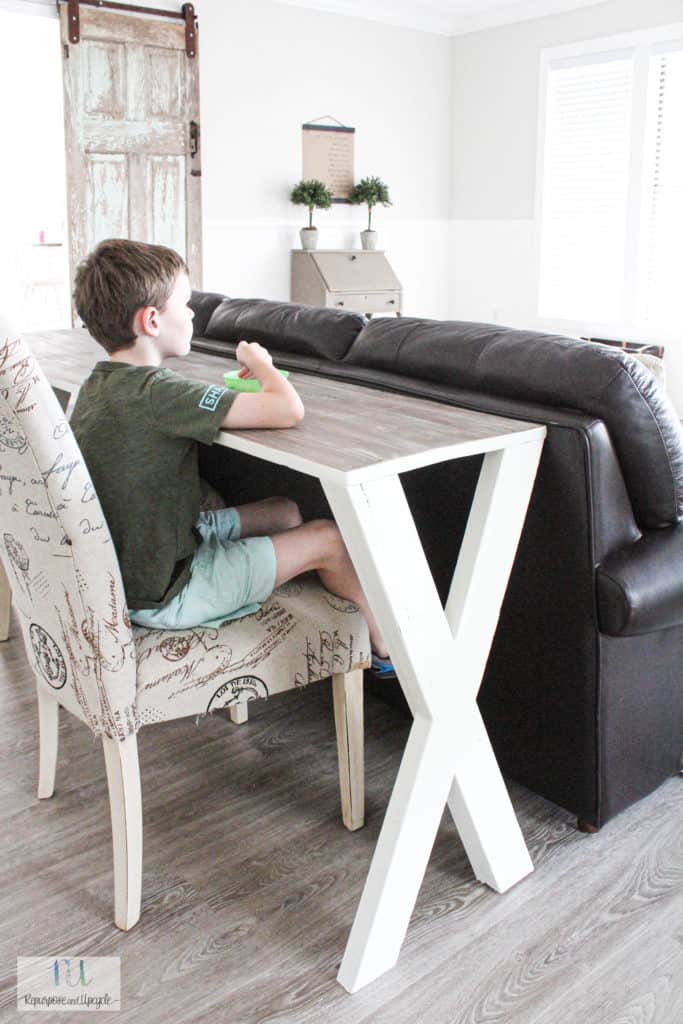 behind the sofa table with stools