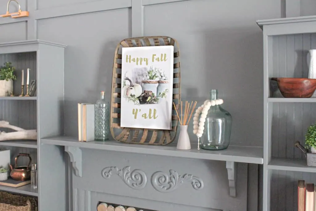 Happy Fall Y'all sign in living room mantel 
