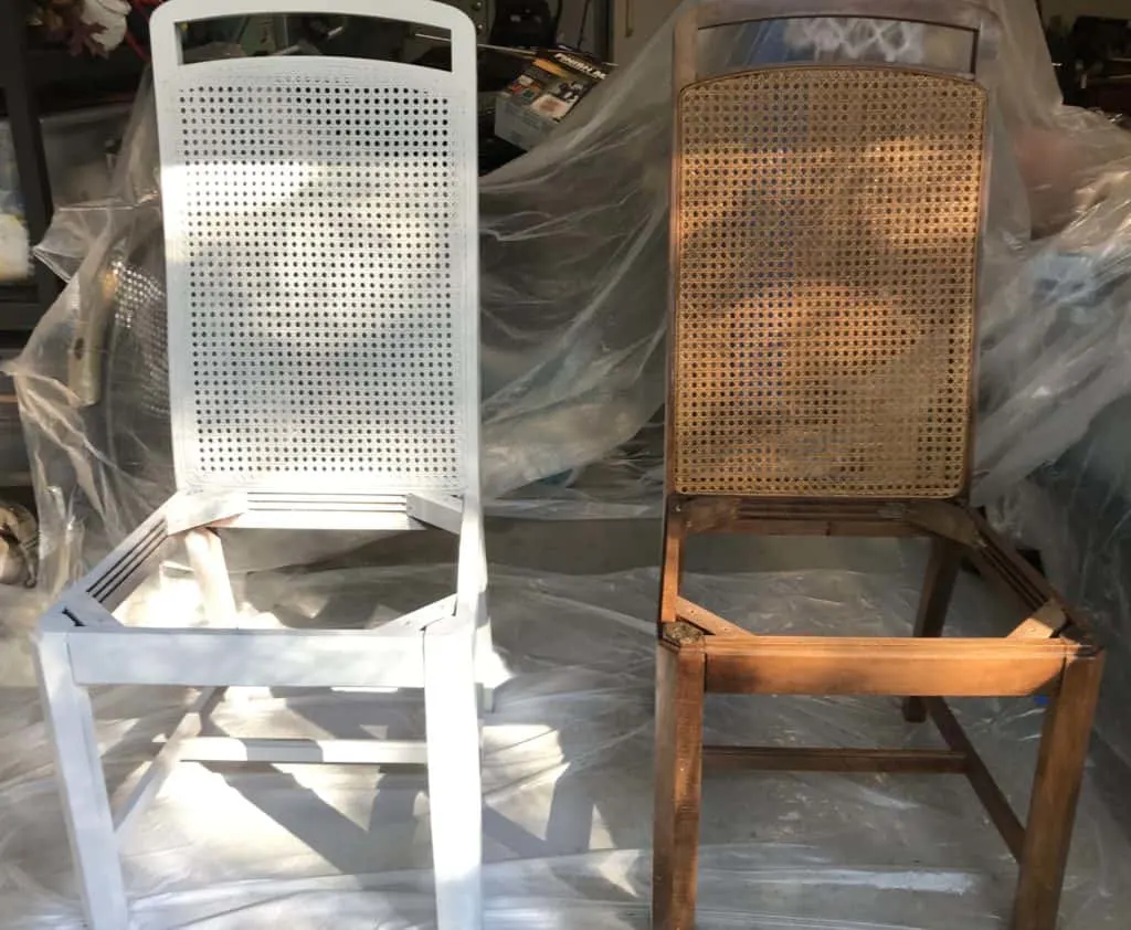 painted and unpainted cane back dining chairs