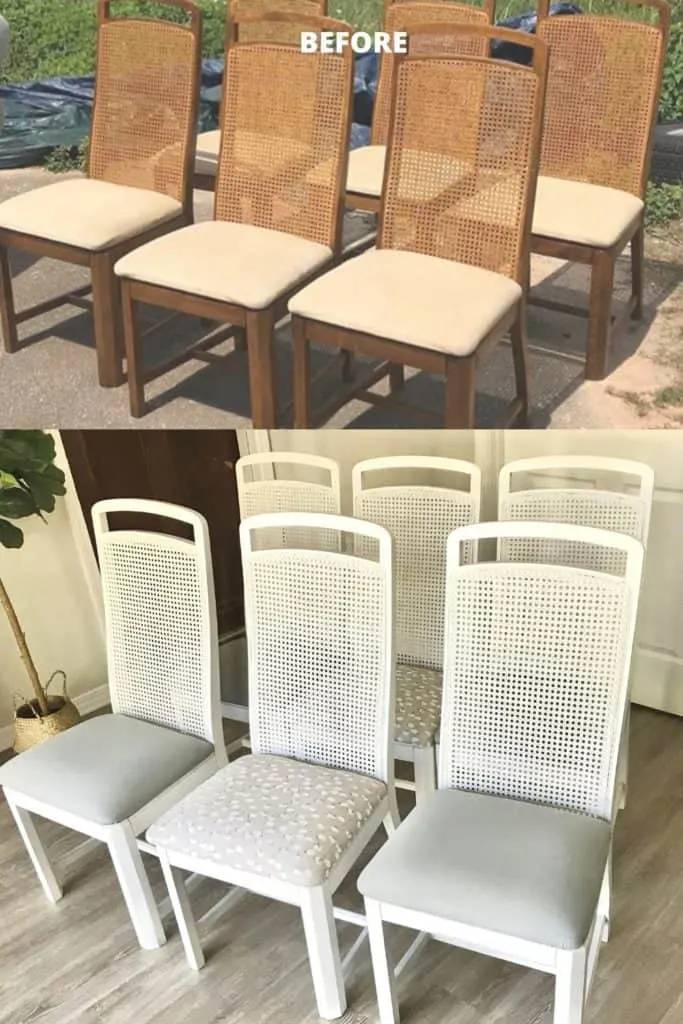before and after of Cane Back Dining Chairs painted