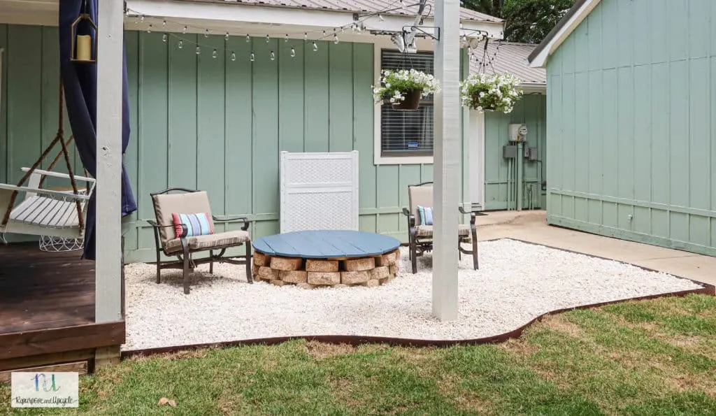 gravel patio with solar string lights