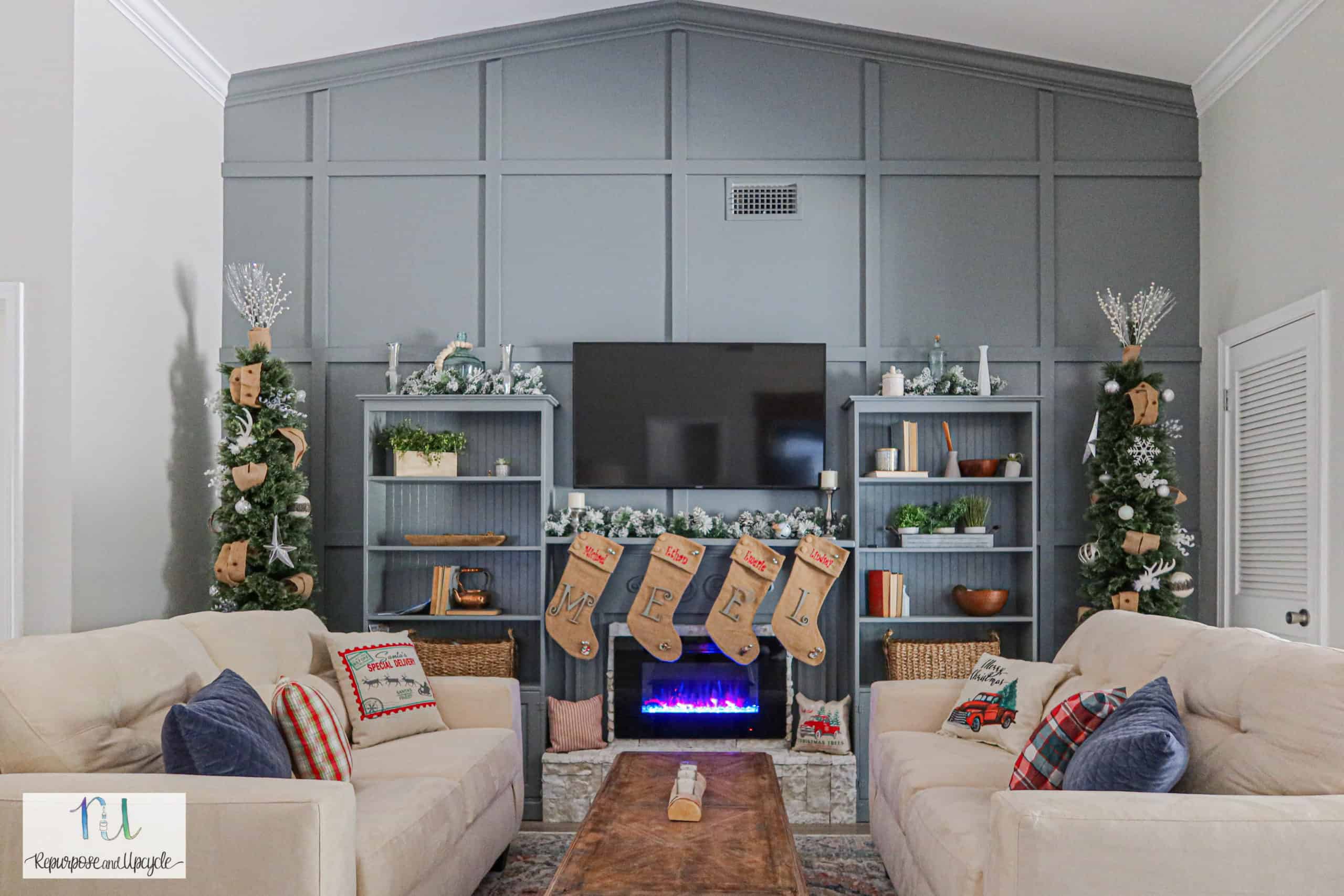 Christmas Mantel with Tone on Tone Feature Wall and Electric Fireplace