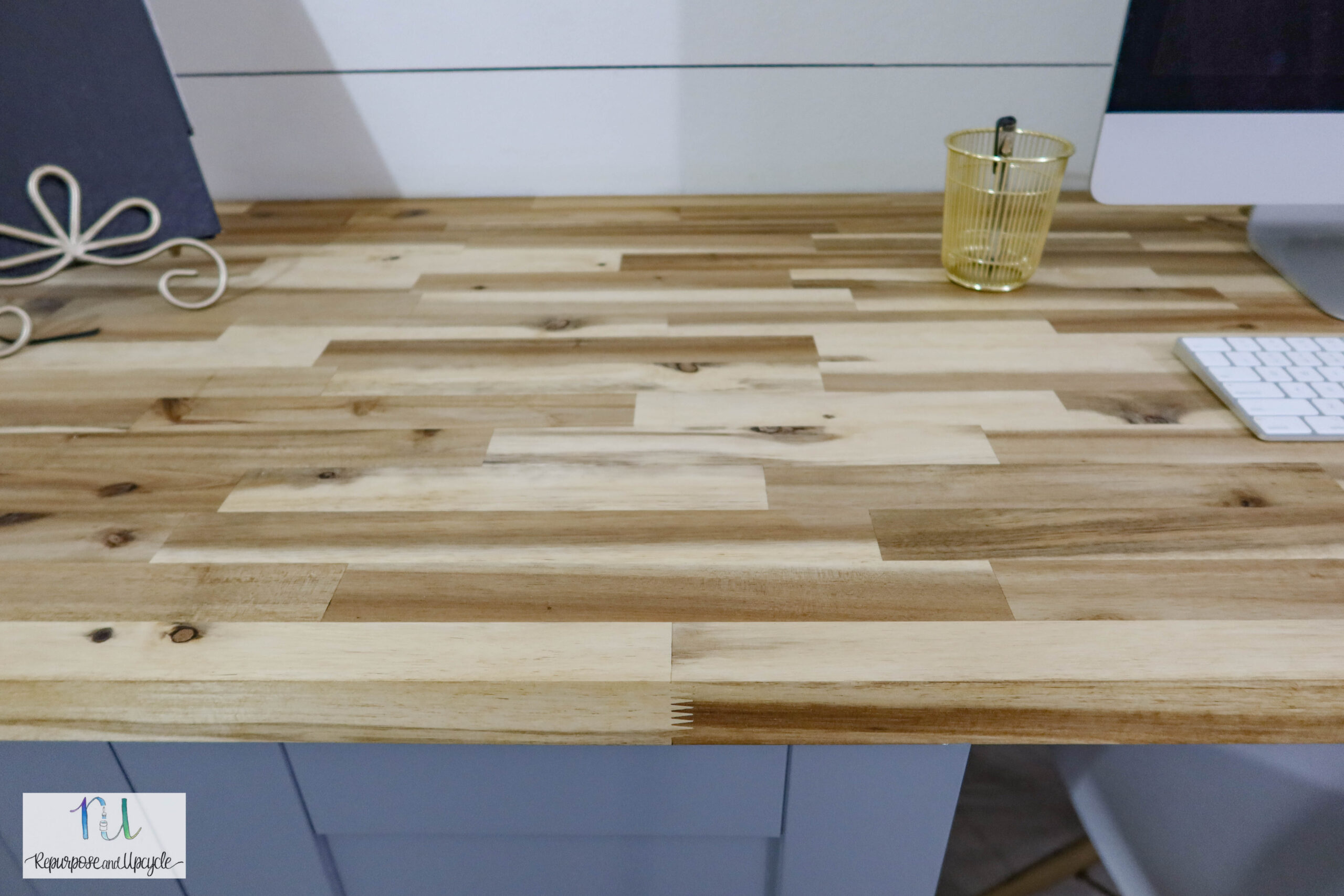 DIY Modern Floating Office Desk with Acacia Butcher Block Countertop