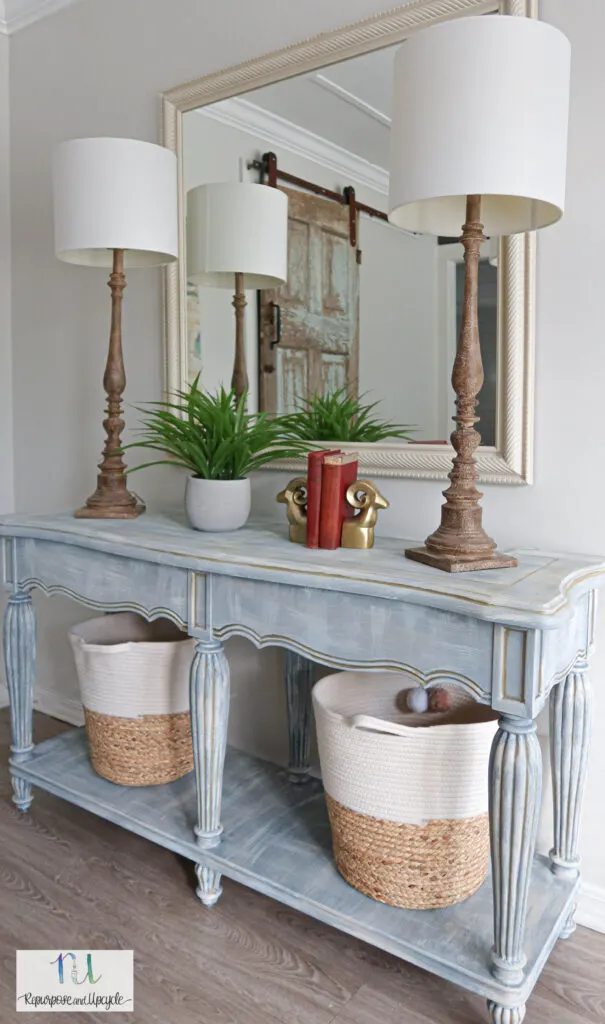 console table makeover with cross hatch technique