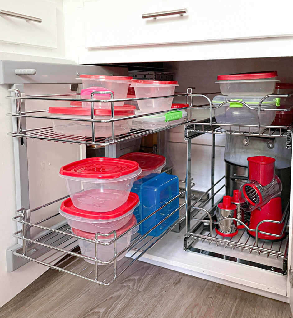 kitchen cabinet organization with metal pull outs