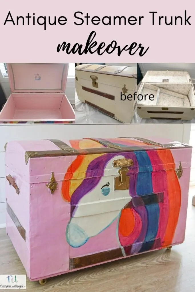 Antique Steamer Trunk Makeover with a Unicorn Motif