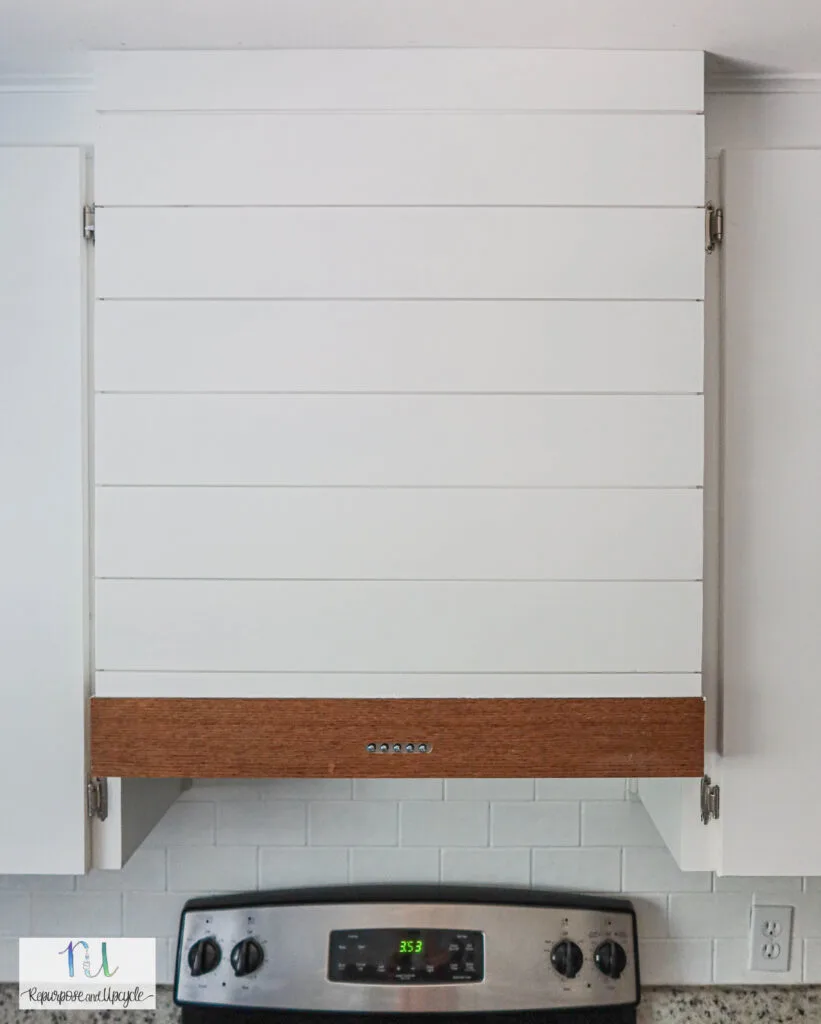 shiplap range hood with subway tile