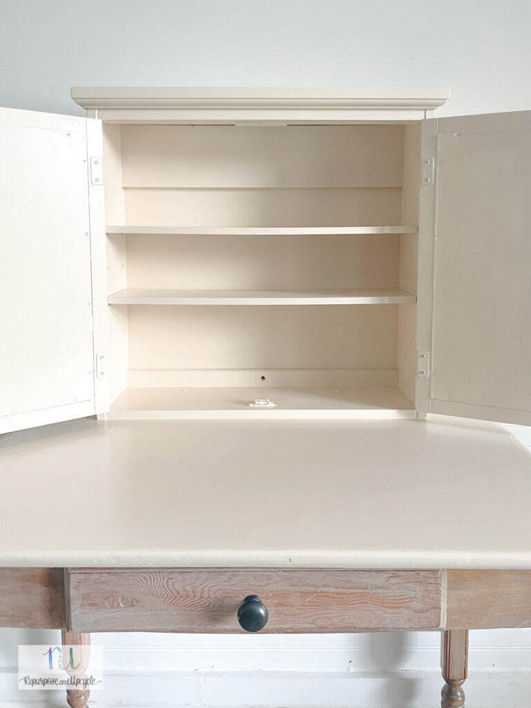 DIY Vanity Desk Makeover with Attached Medicine Cabinet shelves