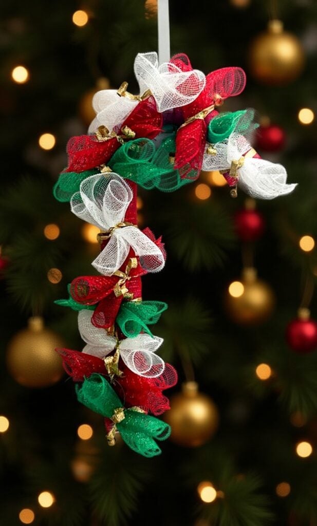 candy cane wreath with mesh ribbon